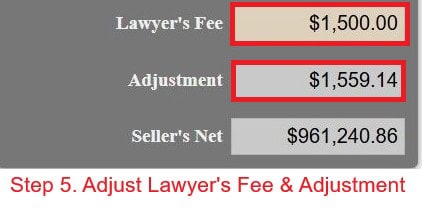 cost of selling a house in bc calculation. step 5. change lawyer's fee and adjustment amount.
