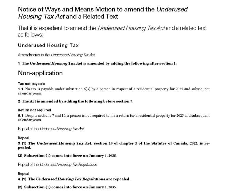 Exccerpt from budget 2025. Notice of ways and means motion to amend the underused housing tax act and a related text.
